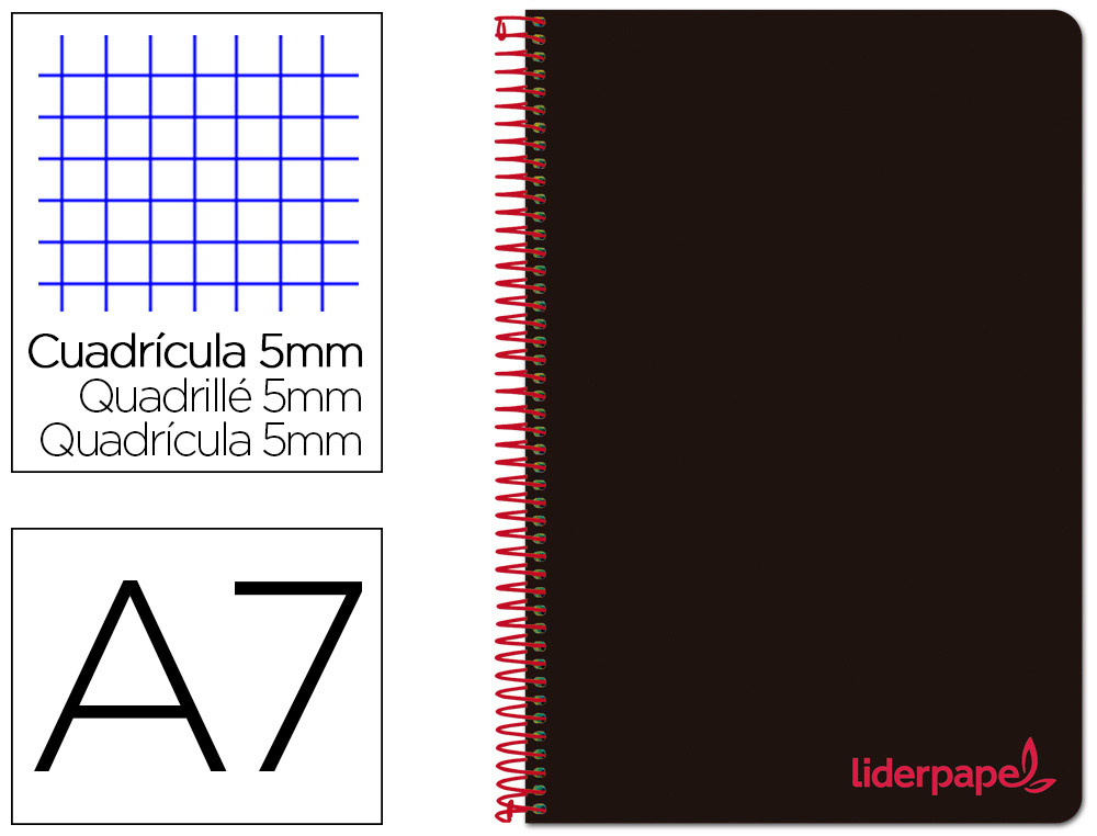 CAHIER SPIRALE LIDERPAPEL A7 MICRO WONDER 200 PAGES 90G    5X5MM 4 BANDES COULEURS NOIR