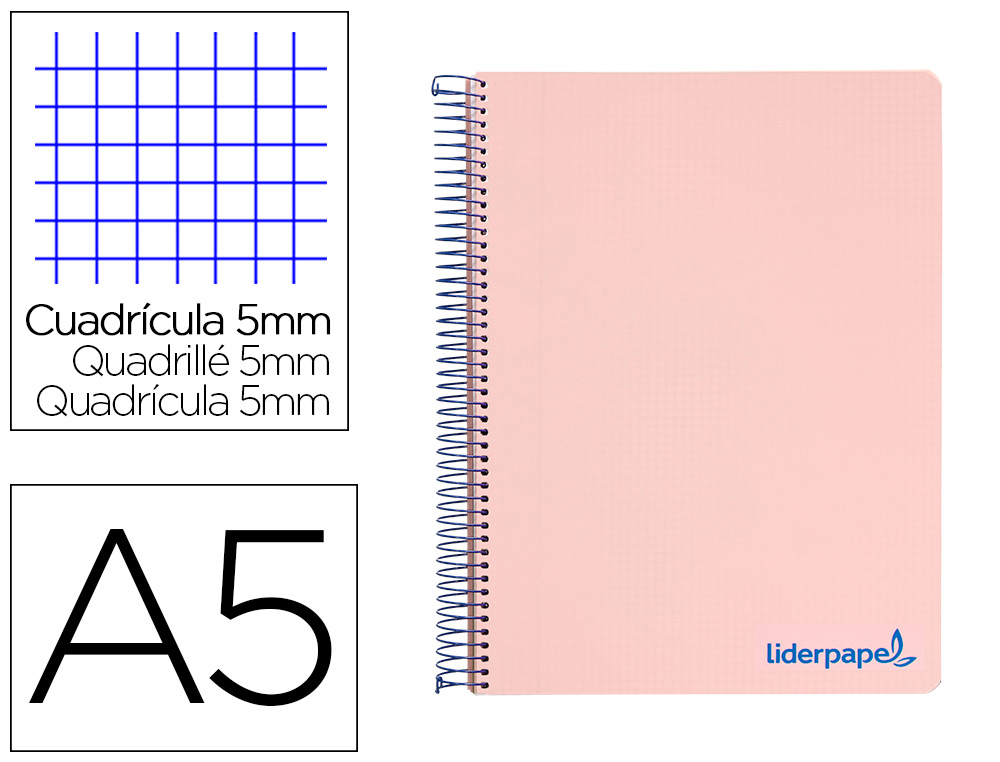 CAHIER SPIRALE LIDERPAPEL A5 MICRO WONDER 240 PAGES 90G 5X5MM 6 TROUS 5  BANDES COULEURS ROSE