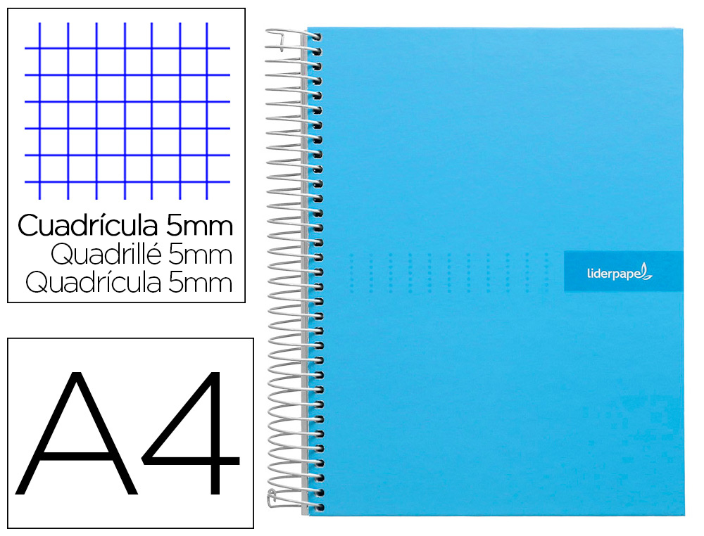 CAHIER SPIRALE LIDERPAPEL CRAFTY COUVERTURE CONTRECOLLE A4 240P 90G/M2 5X5MM MICROPERFOR 4 TROUS COLORIS BLEU CIEL