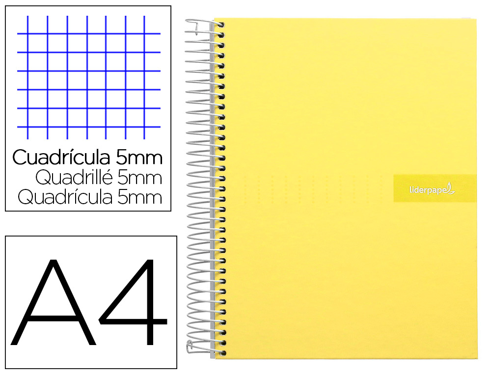 CAHIER SPIRALE LIDERPAPEL CRAFTY COUVERTURE CONTRECOLLE A4 240P 90G/M2 5X5MM MICROPERFOR 4 TROUS COLORIS JAUNE