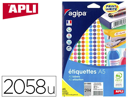 PASTILLE ADHSIVE APLI AGIPA DIAMTRE 8MM PERMANENTE COLORIS ASSORTIS POCHETTE 2058 UNITS