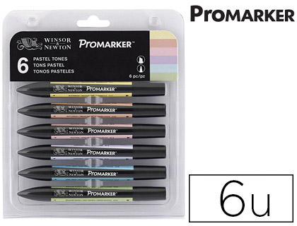 MARQUEUR PROFESSIONNEL W&N PROMARKER DOUBLE POINTE TONS PASTELS BOUTON D'OR PCHE ROSE LAVANDE BLEU CIEL VERT 6 UNITS