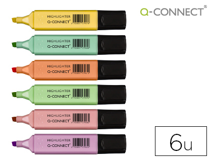 SURLIGNEUR Q-CONNECT PASTEL TRAC 2/5MM POINTE BISEAUTE POCHETTE 6 UNITS COLORIS JAUNE ROSE ORANGE VERT BLEU VIOLET