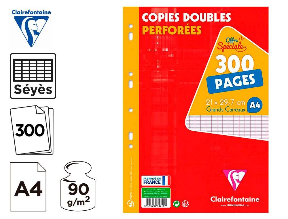 Copies Doubles 90gr A4 Séyès Perf. 100 pages CLAIREFONTAINE