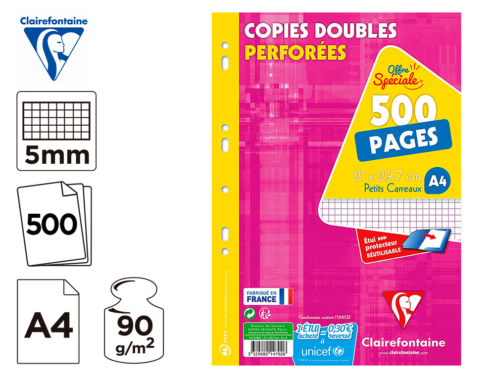 BASSETTI DIRECT  COPIE DOUBLE CLAIREFONTAINE A4 21X29,7CM PAPIER VELIN  VELOUTE BLANC 500 PAGES 90G 5X5MM PERFOREES SOUS ETUI CARTONNE