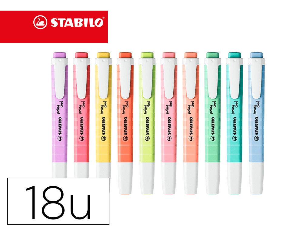 IBUREAU 72  SURLIGNEUR STABILO SWING COOL FORMAT STYLO POINTE BISEAUTEE  TRACE 1/4MM PACK CHEVALET 18 UNITES ASSORTIES