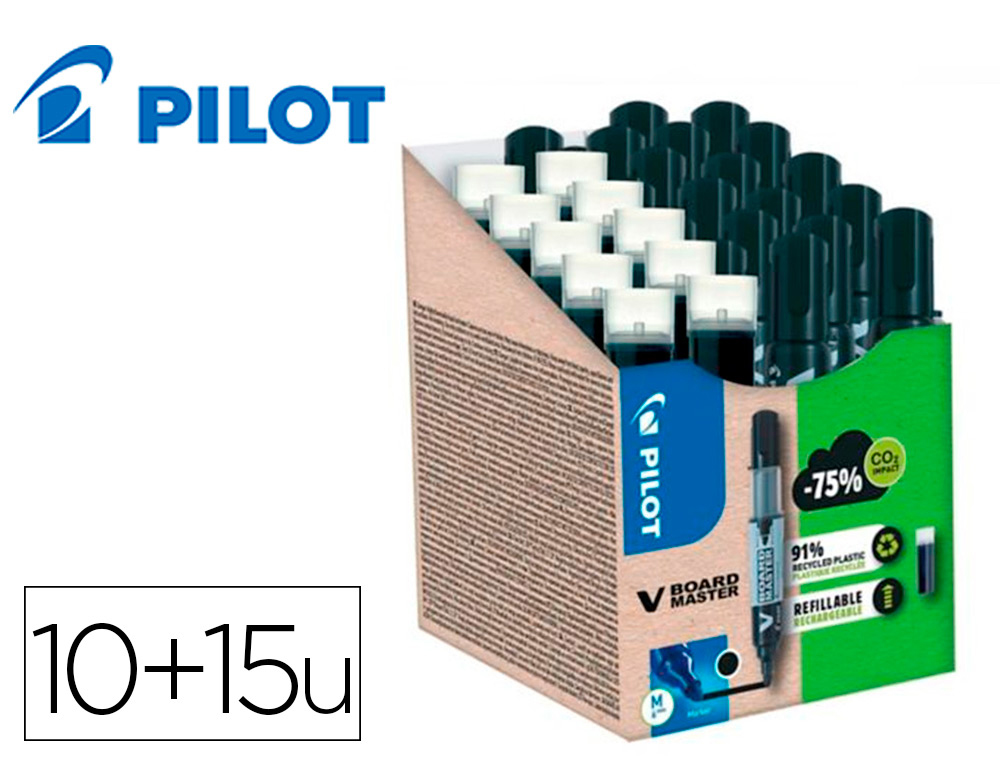 PACK PILOT V-BOARD MASTER 10 MARQUEURS EFFACABLES A SEC    POINTE CONIQUE MOYENNE 10 RECHARGES 5 OFFERTES COLORIS NOIR