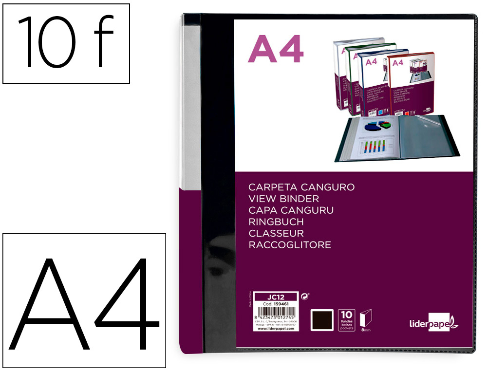 PROTEGE-DOCUMENTS LIDERPAPEL PERSONNALISABLE KANGOUROU     POLYPROPYLENE 10 POCHETTES    FIXES A4 COLORIS NOIR OPAQUE