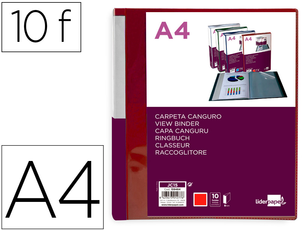 PROTEGE-DOCUMENTS LIDERPAPEL PERSONNALISABLE KANGOUROU     POLYPROPYLENE 10 POCHETTES    FIXES A4 COLORIS ROUGE