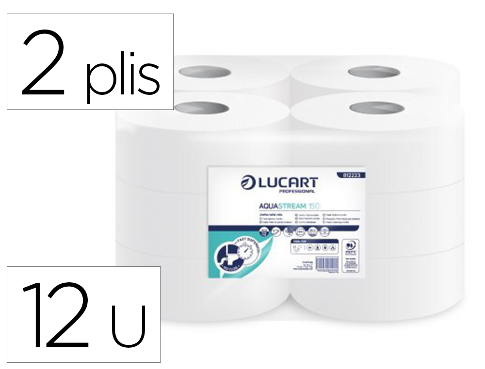 PAPIER TOILETTE MINI JUMBO AQUASTREAM 150M COLORIS BLANC 2 PLIS LOT DE 12