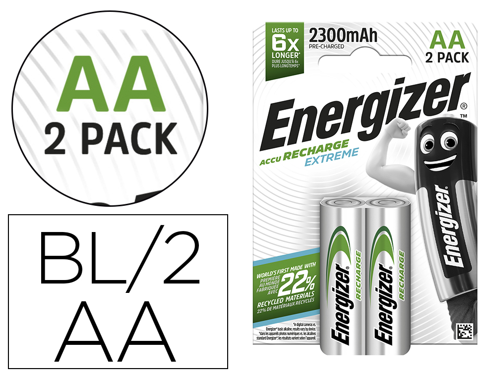 PILE ENERGIZER RECHARGEABLE EXTRME HR6 AA 2300 BLISTER 2 UNITS