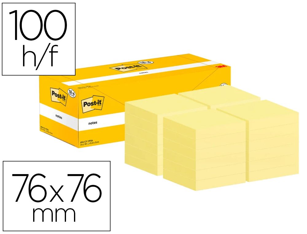 BLOC-NOTES POST-IT 76X76MM 100F REPOSITIONNABLES COLORIS JAUNE BOITE 24 BLOCS (18+6    GRATUITS)    7100319213