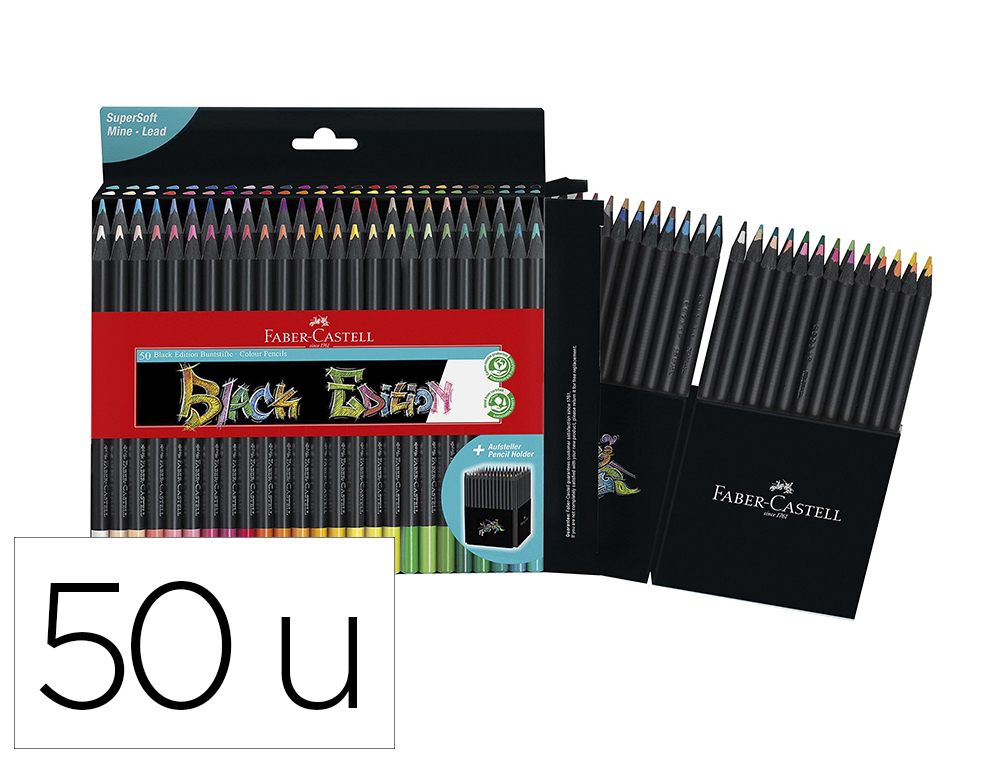 IBUREAU 72  CRAYON COULEUR FABER-CASTELL BLACK EDITION BOIS NOIR  TRIANGULAIRE ERGONOMIQUE MINE SUPER SOFT BOITE 50 UNITES