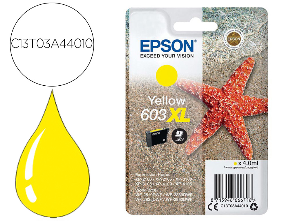 CARTOUCHE ENCRE EPSON 603XL XP-2100 / 3100 / 4100 / WF-2810 / 2830 / 2835 /  2850 COULEUR JAUNE 350 PAGES