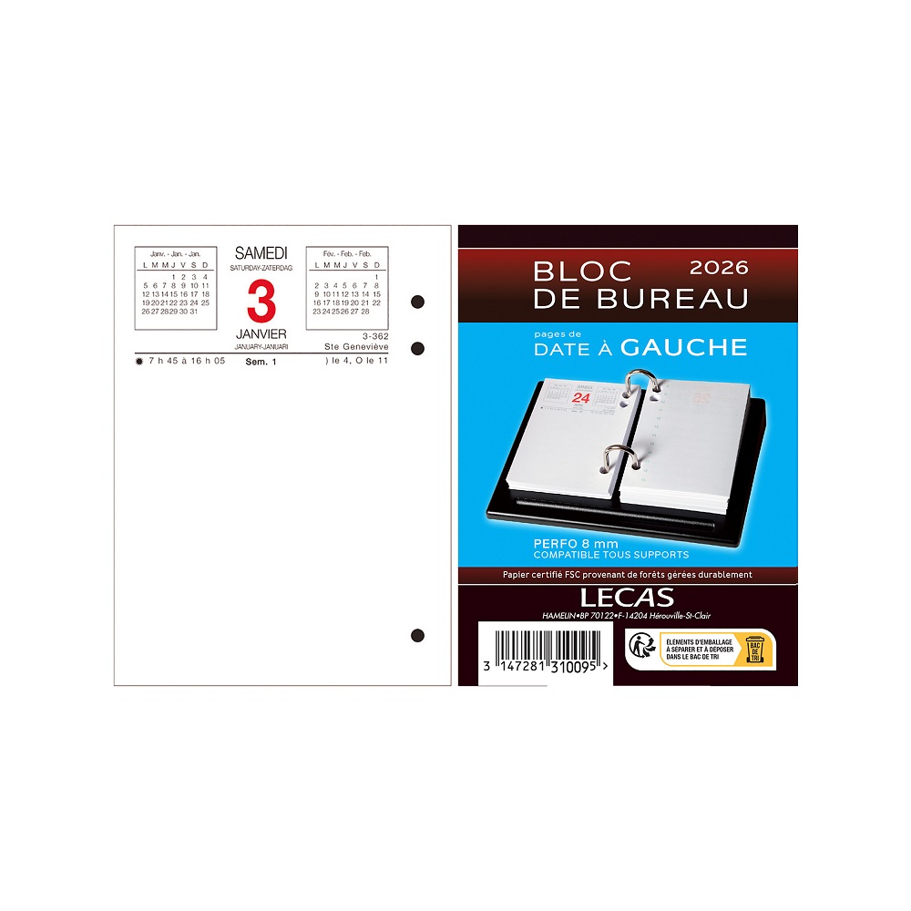 CALENDRIER LECAS 2026 BLOC DATE A GAUCHE 8,5X11,5CM 1    JOUR/PAGE FRANAIS