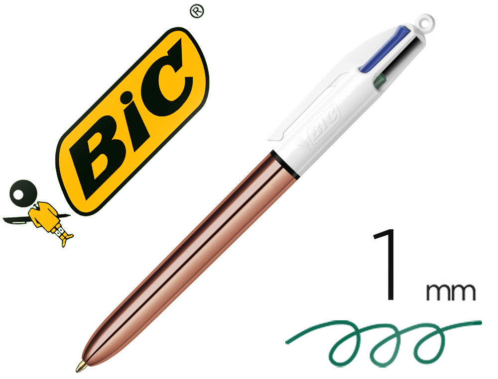 STYLO-BILLE BIC 4 COULEURS SHINE RETRACTABLE RECHARGEABLE POINTE MOYENNE  1MM CORPS BLANC/OR ROSE