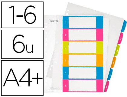 INTERCALAIRE LEITZ WOW POLYPROPYLNE 6 TOUCHES A4+ 212X310MM TABLE MATIRES IMPRIMABLE MULTICOLORE
