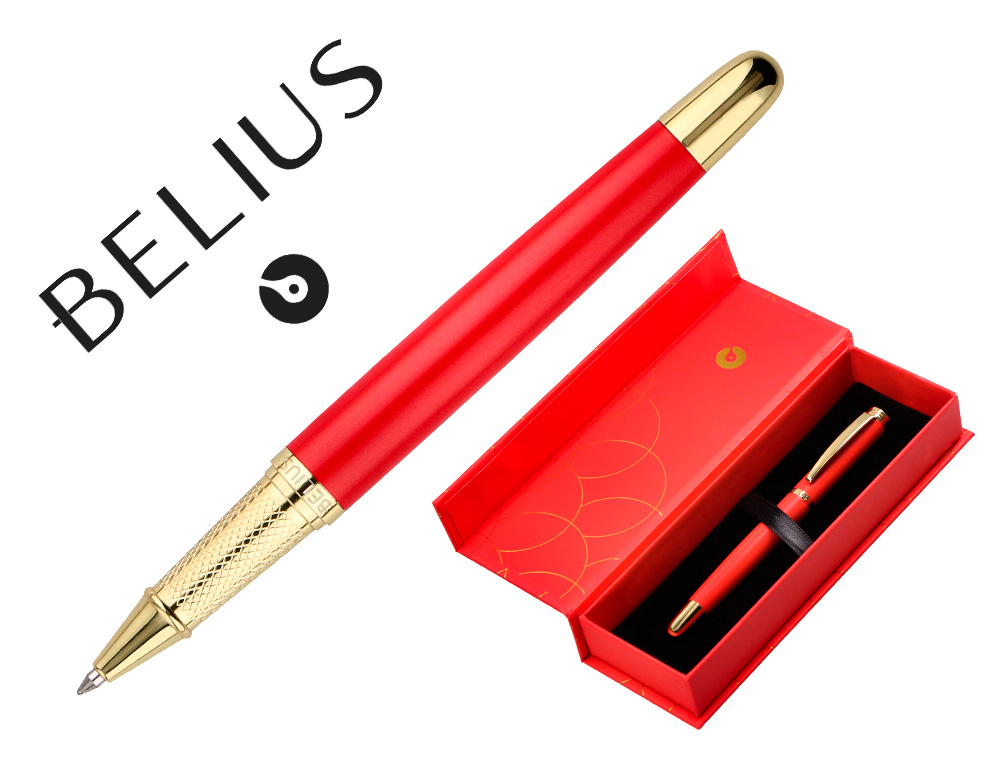 STYLO-BILLE BELIUS PASSION ALUMINIUM BROSSE ATTRIBUTS OR ENCRE BLEUE COLORIS ROUGE     DANS COFFRET CADEAU