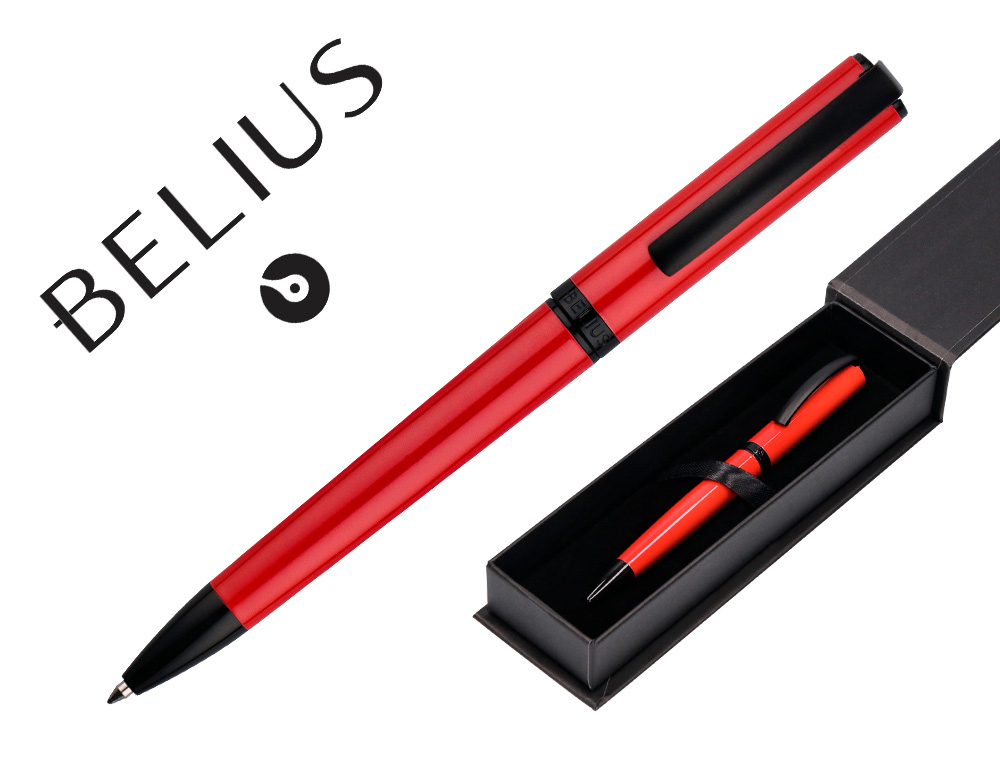 STYLO-BILLE BELIUS TURBO ALUMINIUM TEXTURE POINTILLEE ATTRIBUTS NOIR ENCRE BLEUE COLORIS ROUGE DANS COFFRET CADEAU