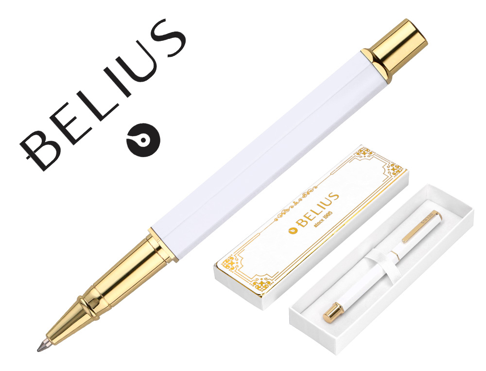 STYLO-BILLE BELIUS MACARON BLISS HEXAGONAL ALUMINIUM DETAILS ET ATTRIBUTS OR ENCRE BLEUE COLORIS BLANC COFFRET CADEAU