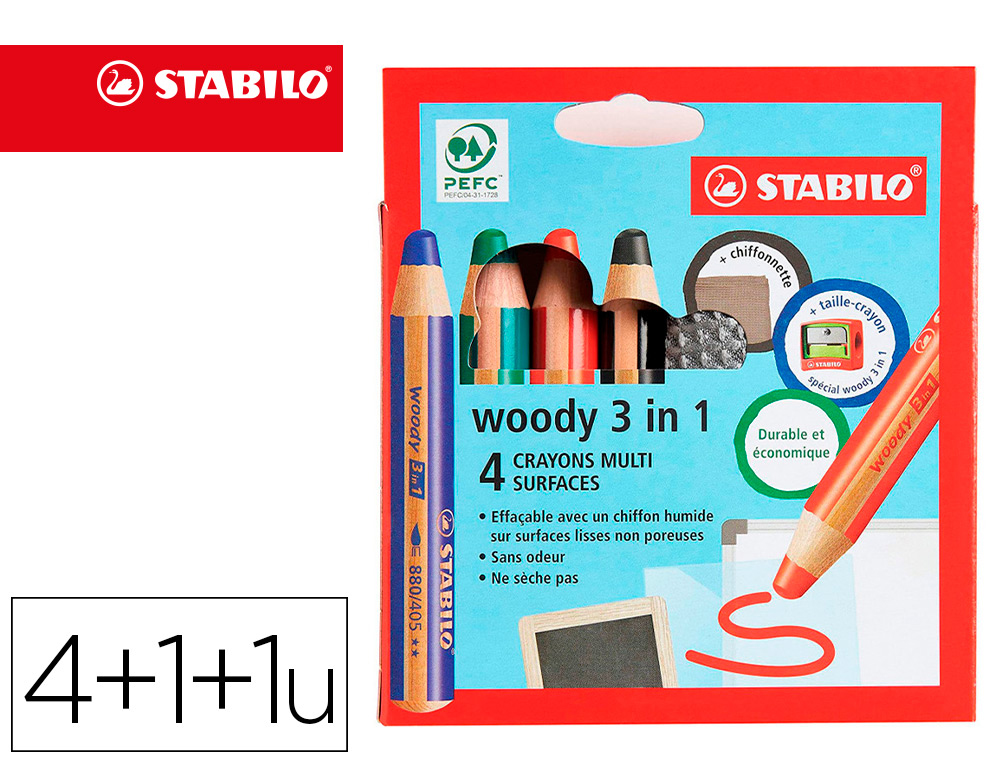 CRAYON COULEUR STABILO WOODY MULTI-TALENTS 4 CRAYONS + 1 TAILLE-CRAYON + 1  CHIFFONNETTE POCHETTE DE 4