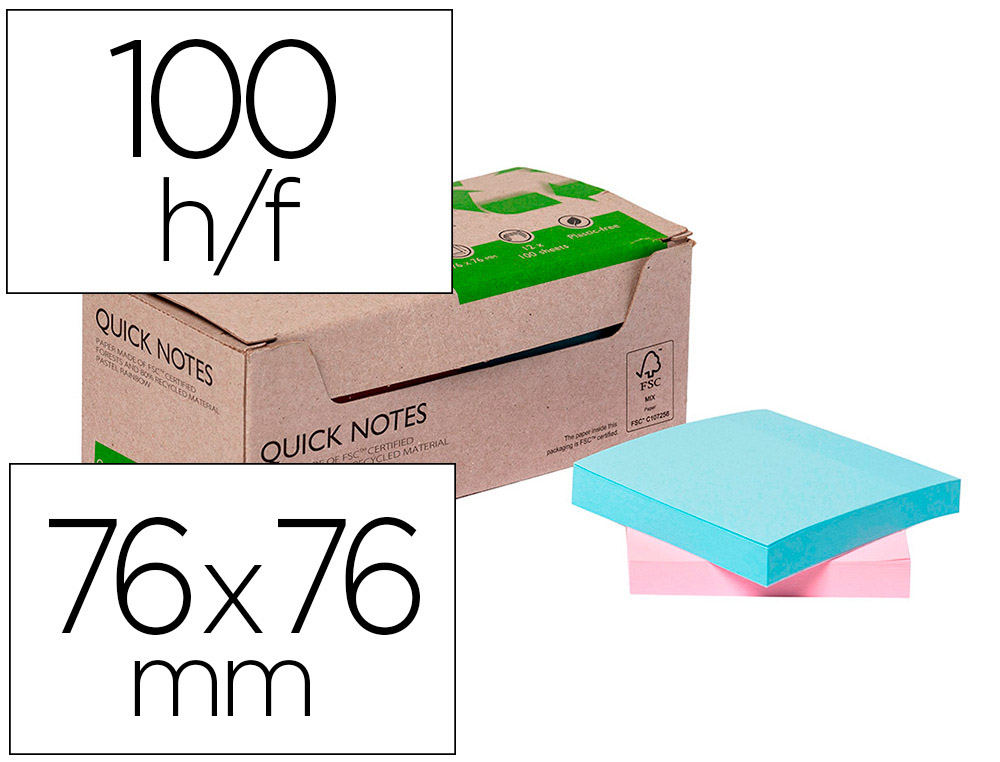 BLOC NOTES Q-CONNECT QUICK NOTES 76X76MM 100F ADHESIVES REPOSITIONABLES MONOCHROME ROSE OU BLEU PASTEL PACK 12 UNITES