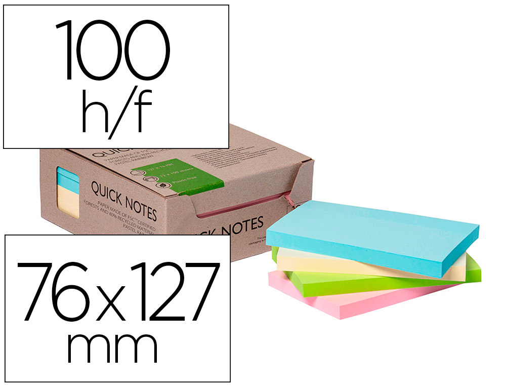 BLOC NOTES Q-CONNECT QUICK NOTES 76X127MM 100F ADHESIVES REPOSITIONABLES COLORIS PASTEL ASSORTIS PACK 12 UNITES