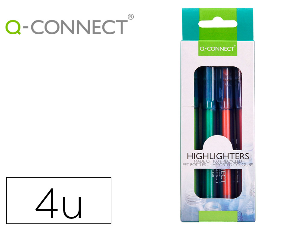 SURLIGNEUR Q-CONNECT FLUORESCENT CORPS TRANSPARENT POINTE BISEAUTEE TRAIT 1-5MM GRIP COLORIS ASSORTIS POCHETTE 4 UNITES