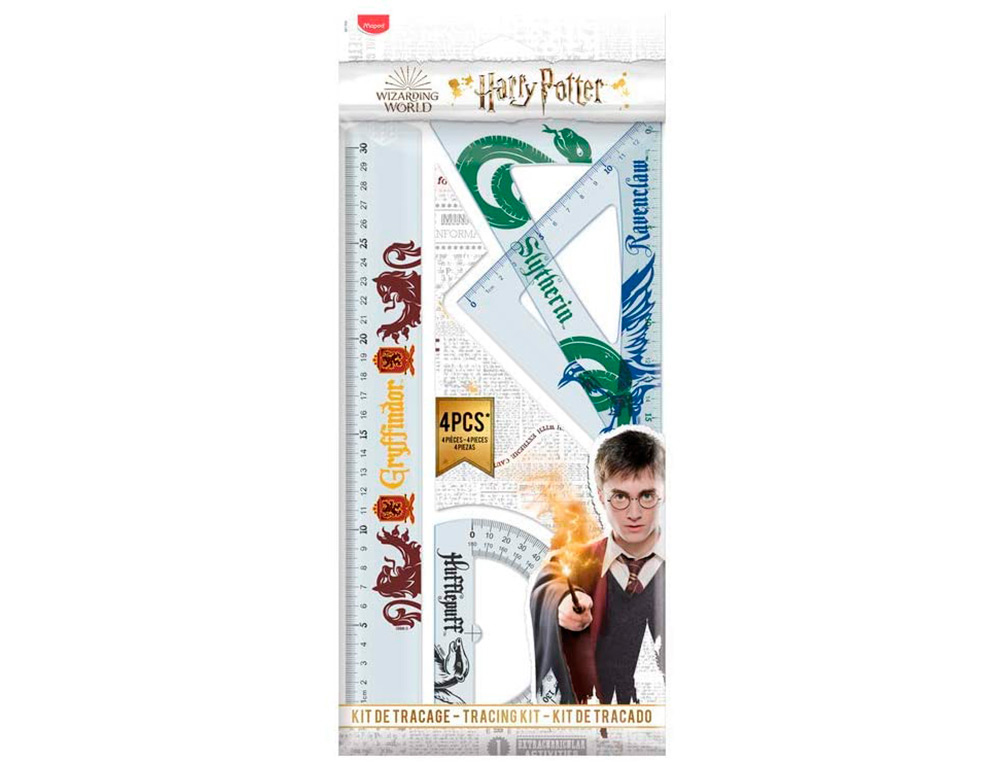 KIT TRACAGE MAPED HARRY POTTER 4 PIECES- 2 EQUERRES + 1 REGLE + 1 RAPPORTEUR