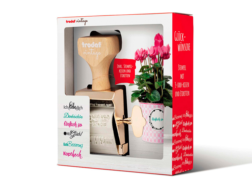 KIT TAMPON TRODAT VINTAGE FELICITATIONS 1 TAMPO +1      ENCREUR+ ETIQUETTES