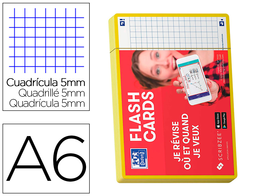 FICHES BRISTOL OXFORD REVISION 2.0  A6 NON PERFOREE 32 FICHES/FILM Q5X5 CADRE     JAUNE