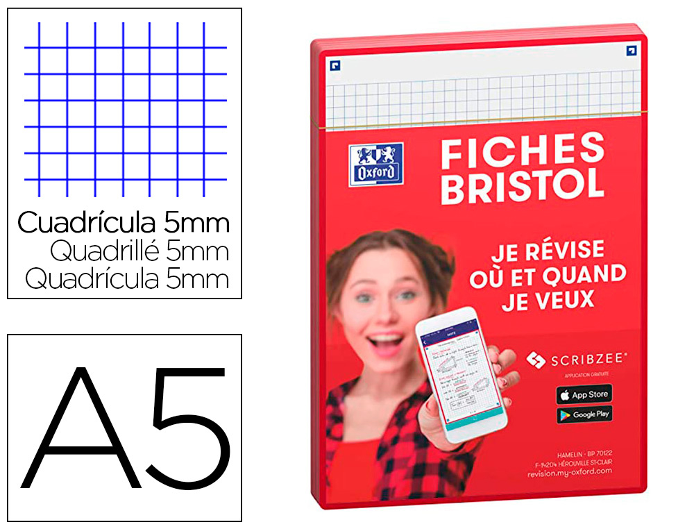 AQUITAINE PAPETERIE  FICHES BRISTOL OXFORD REVISION 2.0 A5 PERFOREE 32  FICHES/FILM Q5X5 CADRE ROUGE