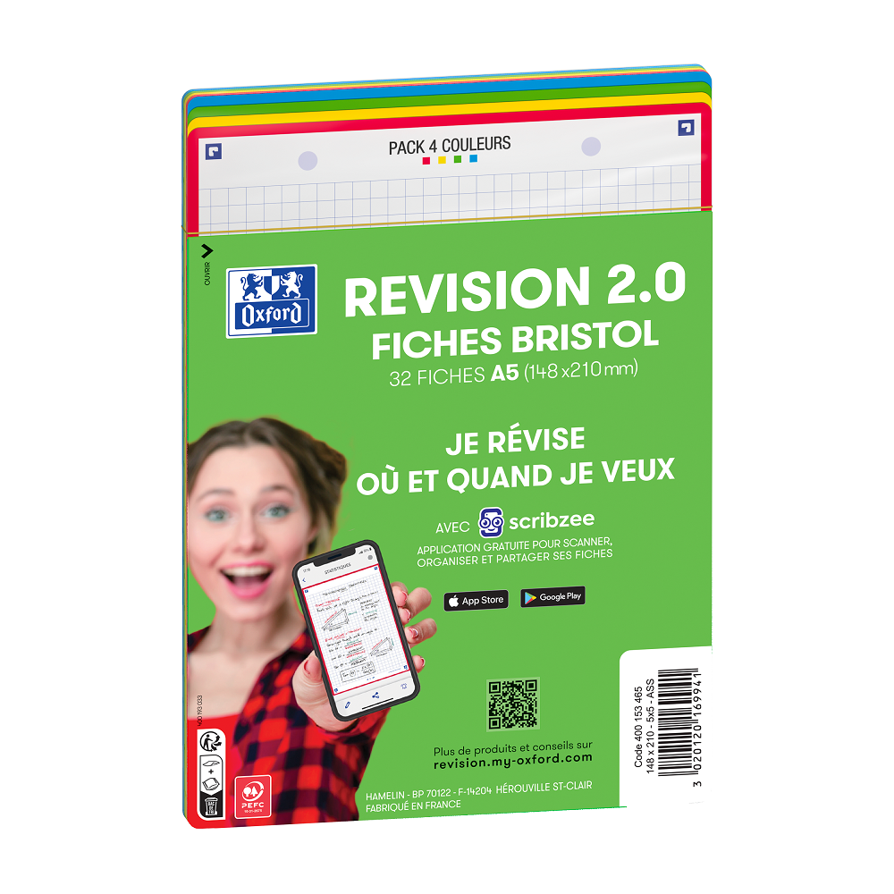 FICHES BRISTOL OXFORD REVISION 2.0 A5 PERFOREE 32 FICHES/FILM Q5X5 COULEUR  ASSORTIES