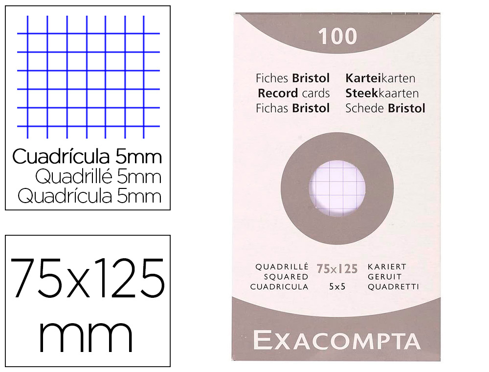 ETUI 100 FICHES EXACOMPTA BRISTOL QUADRILLEE  5X5 NON   PERFOREE BLANC 75X125MM