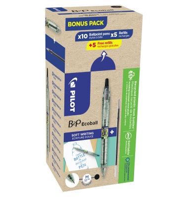 PACK PROMO PILOT GREEN PACK B2P ECOBALL DE 10 STYLOS +10  RECHARGES POINTE MOYENNE      COLORIS NOIR