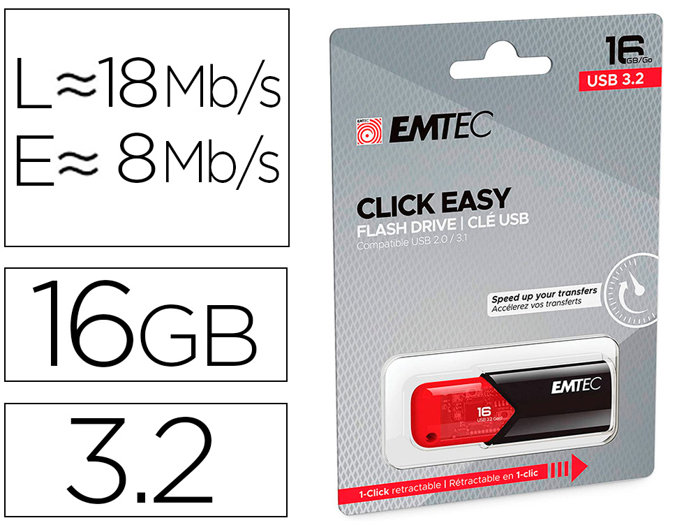 CLE USB EMTEC  3.2 B110 CLICK EASY 16GO COLORIS ROUGE