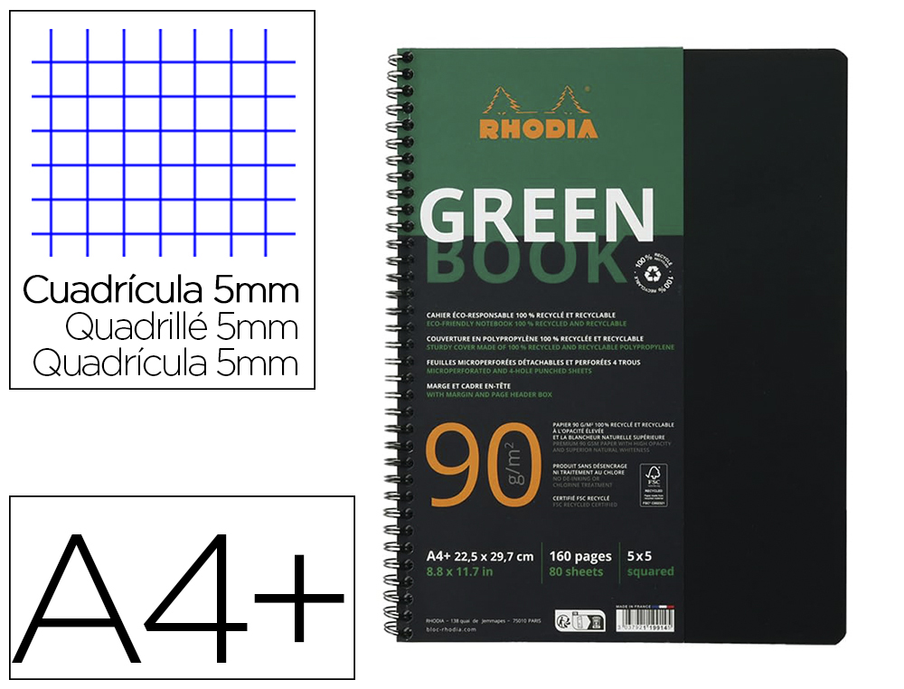 RHODIA Cahier à spirale Note Book, A4+, quadrillé 5x5,noir