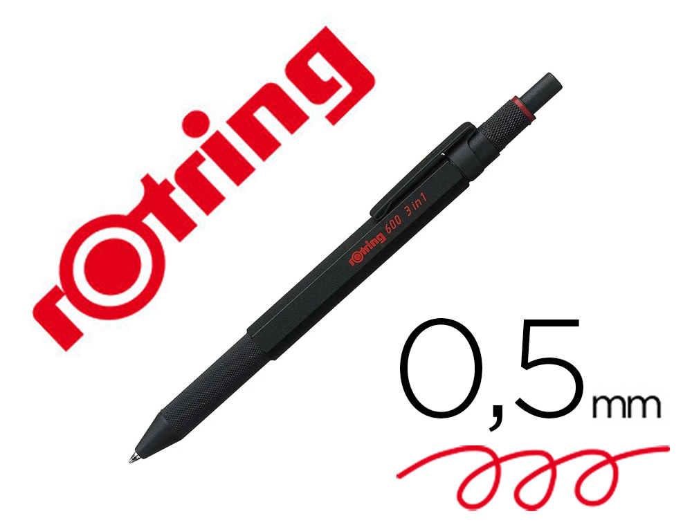 PORTEMINE ROTRING 600 MECANISME 3 EN 1 MINE 0,5 MM  ET STYLO-BILLE GRIP COLORIS   NOIR