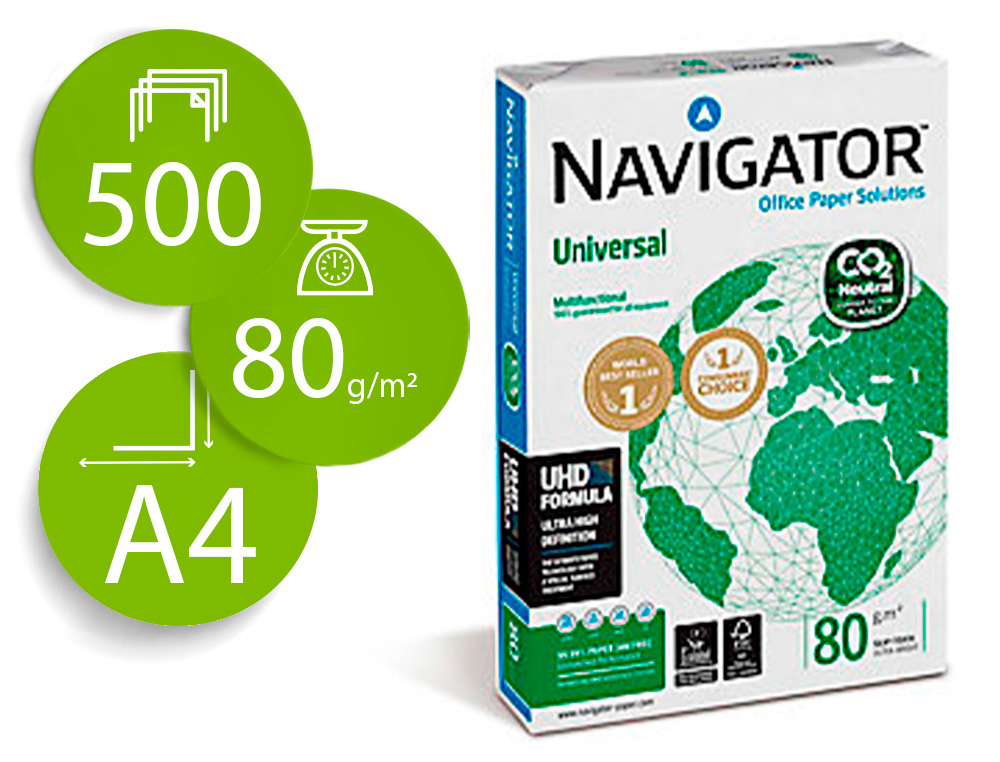 PAPIER NAVIGATOR CO2 NEUTRAL MULTIFONCTION UNIVERSAL A4 DE 80G/M2 BLANCHEUR 169 OPACITE  95 RIGIDITE 120  500 FEUILLES