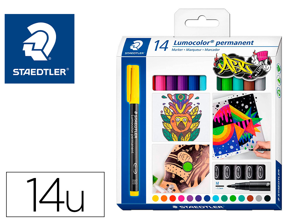 MARQUEUR STAEDTLER PERMANENT DRY SAFE LUMOCOLOR  317       POINTE MOYENNE 1MM COLORIS    ASSROTIS ETUI DE 14 FEUTRES