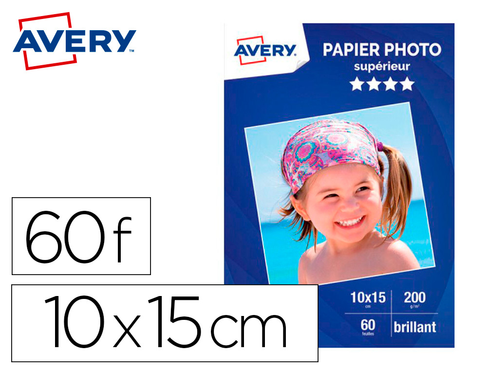 PAPIER PHOTO AVERY BRILLANT 200G 10X15 PAQUET DE 60 FEUILLES