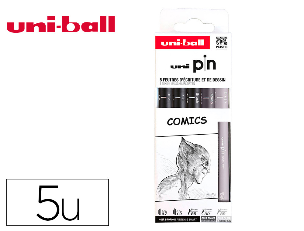POCHETTE UNI-BALL 5 FEUTRES POINTE CALIBREE 0.7 GC/GF/N   COLORIS NOIR