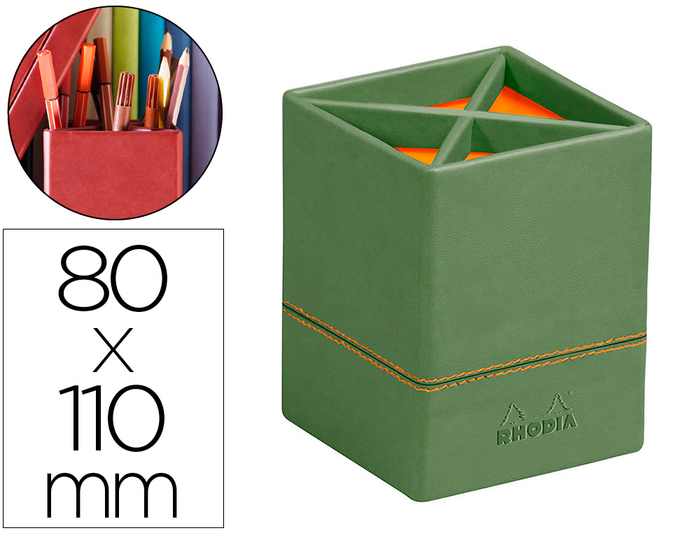 POT   CRAYONS RHODIARAMA 4 COMPARTIMENTS EN SIMIL CUIR   SAUGE VELOUT  8X8X11CM
