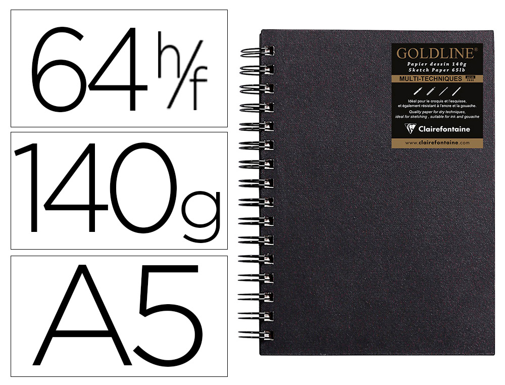 LA PAPETERIE DE JEANNE  CARNET GOLDLINE SPIRALE A5 COUVERTURE NOIRE  PORTRAIT 14,8X21CM 140G 64F