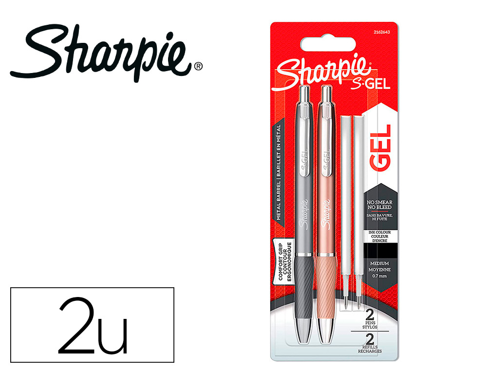 STYLO GEL SHARPIE CORPS METAL ENCRE NOIR POINTE MOYENNE     0,7MM BLISTER 2 STYLOS ET 2   RECHARGES