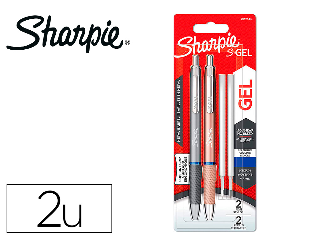 STYLO GEL SHARPIE CORPS METAL ENCRE BLEU POINTE MOYENNE     0,7MM BLISTER 2 STYLOS ET 2   RECHARGES