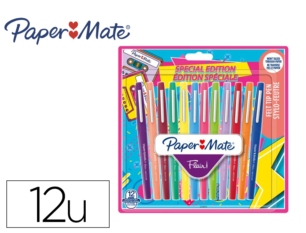 FEUTRE ECRITURE PAPER MATE FLAIR ORIGINAL POINTE MOYENNE 0,7MM ENCRES RETRO'S 90       ASSORTIES BLISTER 12 COULEURS