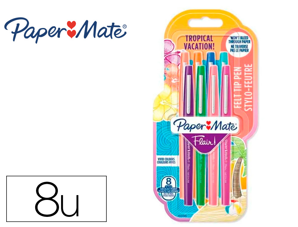 FEUTRE ECRITURE PAPER MATE FLAIR TROPICAL POINTE MOYENNE 0,7MM ENCRES ASSORTIES        BLISTER 8 COULEURS