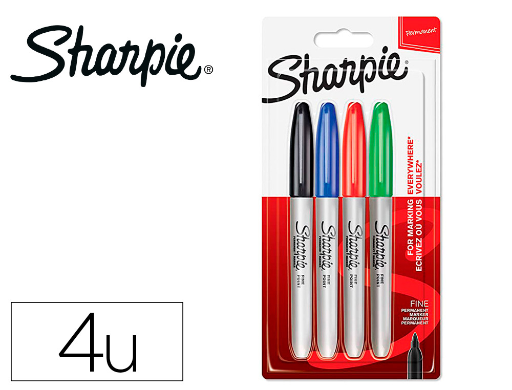 MARQUEUR PERMANENT SHARPIE POINTE FINE 0,9MM ENCRES ASSORTIES STANDARD  BLISTER 4 COULEURS