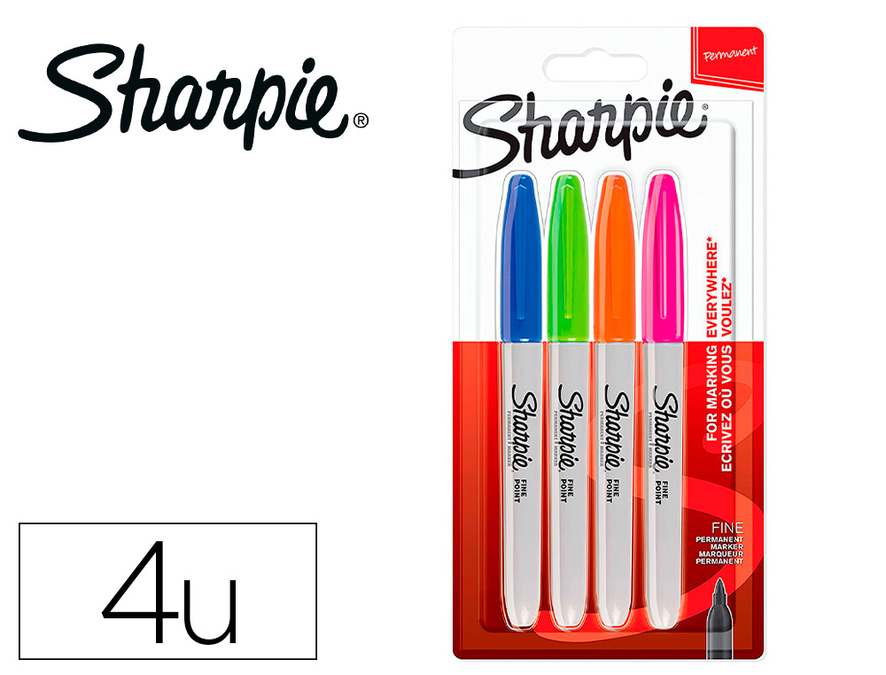 MARQUEUR PERMANENT SHARPIE POINTE FINE 0,9MM ENCRES      ASSORTIES FUN BLISTER 4       COULEURS